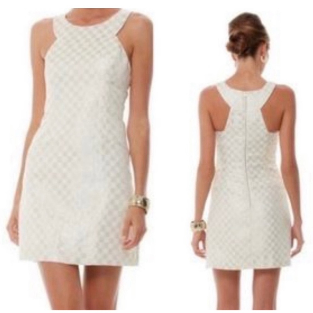Lilly Pulitzer dress gold metallic white check halter style size 0
